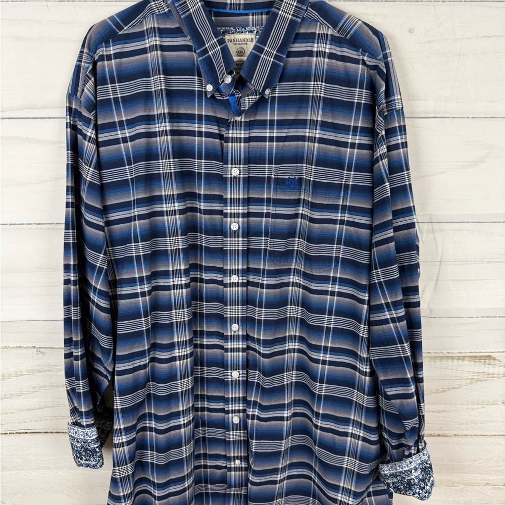 Panhandle, rough stock Blue Plaid Casual Button Down Shirt